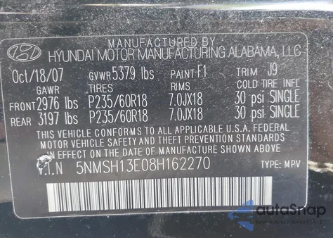 2008 Hyundai Santa Fe Limited/Se from USA, damaged, VIN 5NMSH13E08H162270